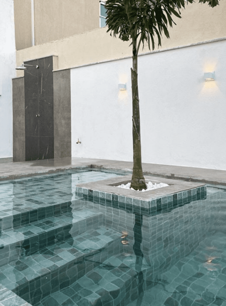 "Elegant Bali Green Sukabumi Stone for poolside perfection."