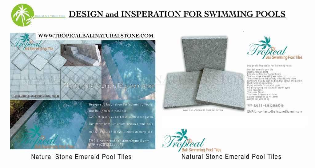 "Natural Bali green tiles: harmonious blend of nature and luxury for pools."