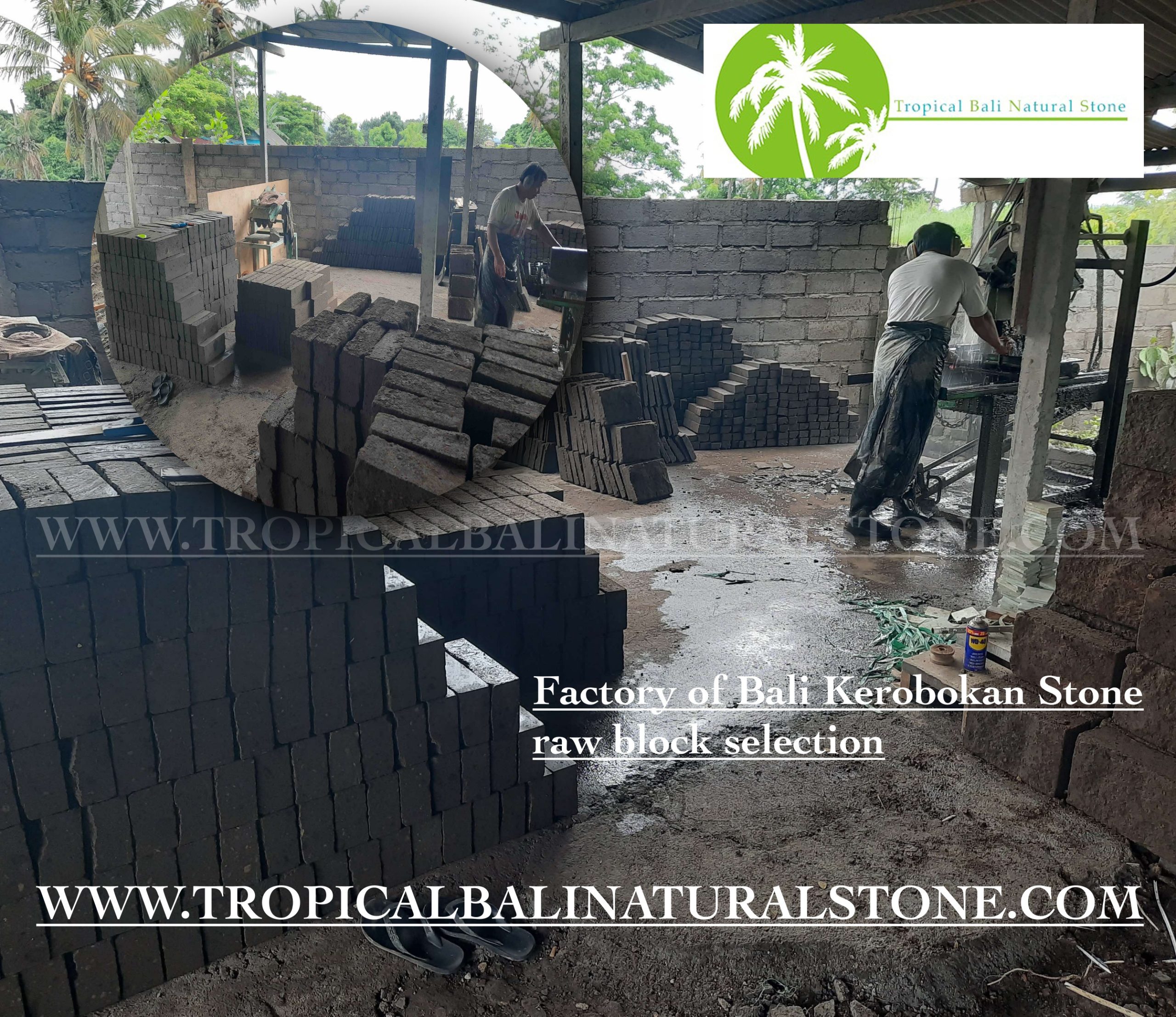 Production line showcasing the crafting process of Bali Kerobokan stone products.