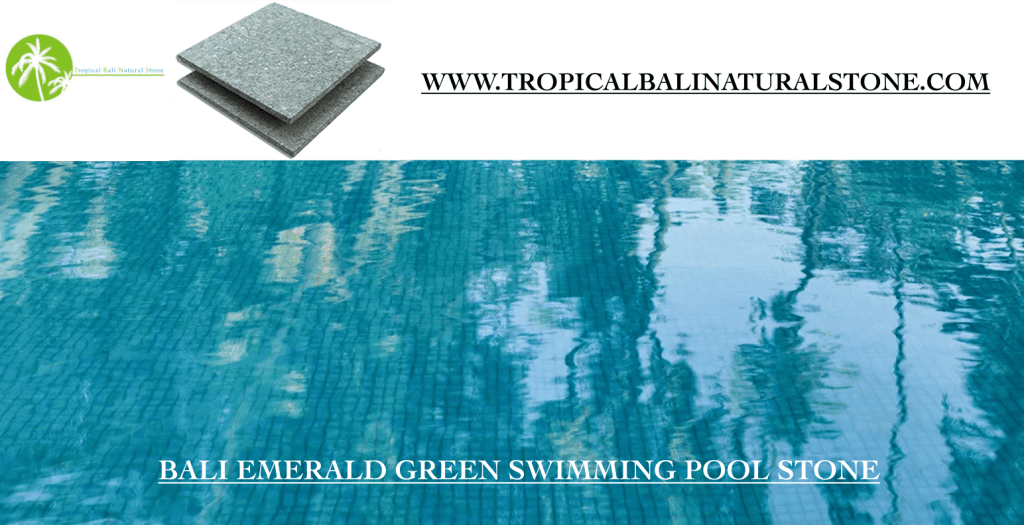 "Bali green ripple tiles: tranquil greenstone, perfect for serene poolscapes."